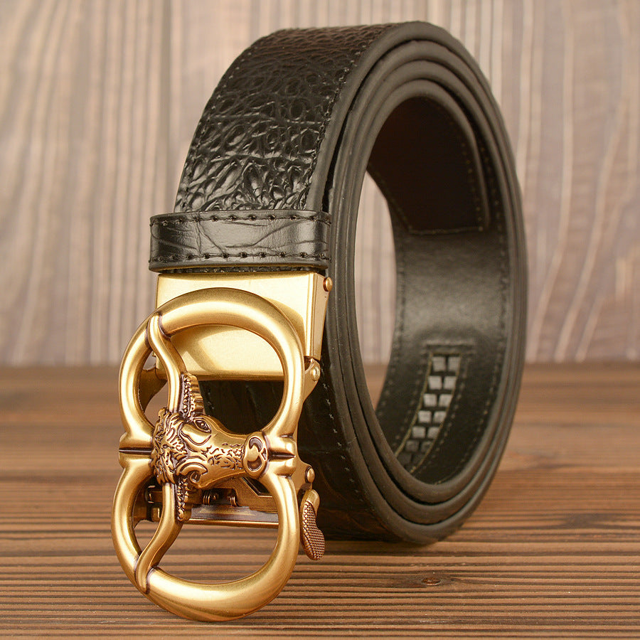 Ceinture rétro pour homme à boucle automatique en forme de tête de bœuf