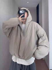 Retro Warm Half-Zip Loose Short Hooded Cotton Jacket