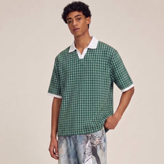 Chemise d’été pour homme, légère, à carreaux et empiècements de couleur, col à revers et manches courtes