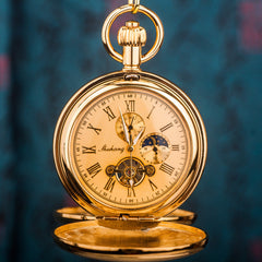 Montre à gousset mécanique à clapet à double ouverture en cuivre pur, soleil, lune et étoiles