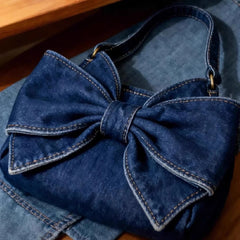 Large-Capacity Denim Crossbody Bag With Bow