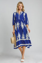 Royal Blue Printed Notched Midi Dress Elegant & Timeless Dress For Every Occasion