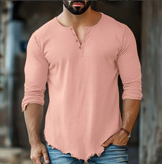 T-shirt décontracté tendance pour homme, uni, à quatre boutons et manches longues