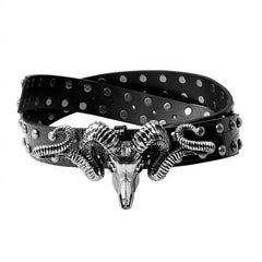 Ceinture en cuir de vache pleine fleur avec tête de crâne et de mouton à effet usé