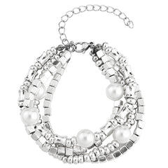 2Pcs Multi Layer Broken Silver Pearl Stretch Bracelet Set For Women, Stackable Elastic Beaded Bangle, Minimal Elegant European Spanish Fashion Jewelry