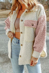 Women Cute Sherpa Jacket with Button Closure and Collared Neck in Elegant Retro Style