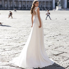 Vestido de novia de gasa de la serie A, con escote en V y manga larga
