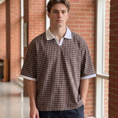 Chemise d’été pour homme, légère, à carreaux et empiècements de couleur, col à revers et manches courtes