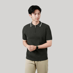 Parte superior de punto de seda helada para hombre, con media cremallera, cuello de solapa y rayas verticales