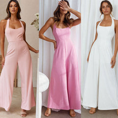 Combinaison de loisirs pour femme, couleur unie, dos nu, dos nu et jambes larges