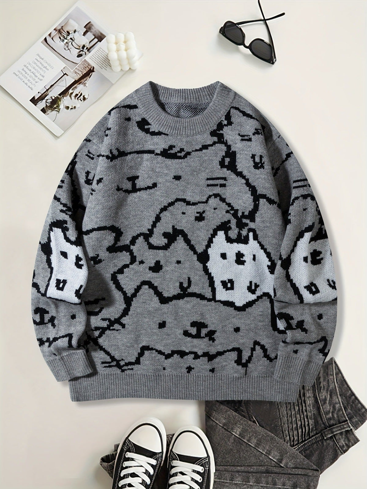 Pull en tricot pour homme, motif chat mignon et original