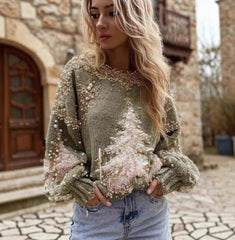 Pull imprimé pour femme, à col rond et à manches longues