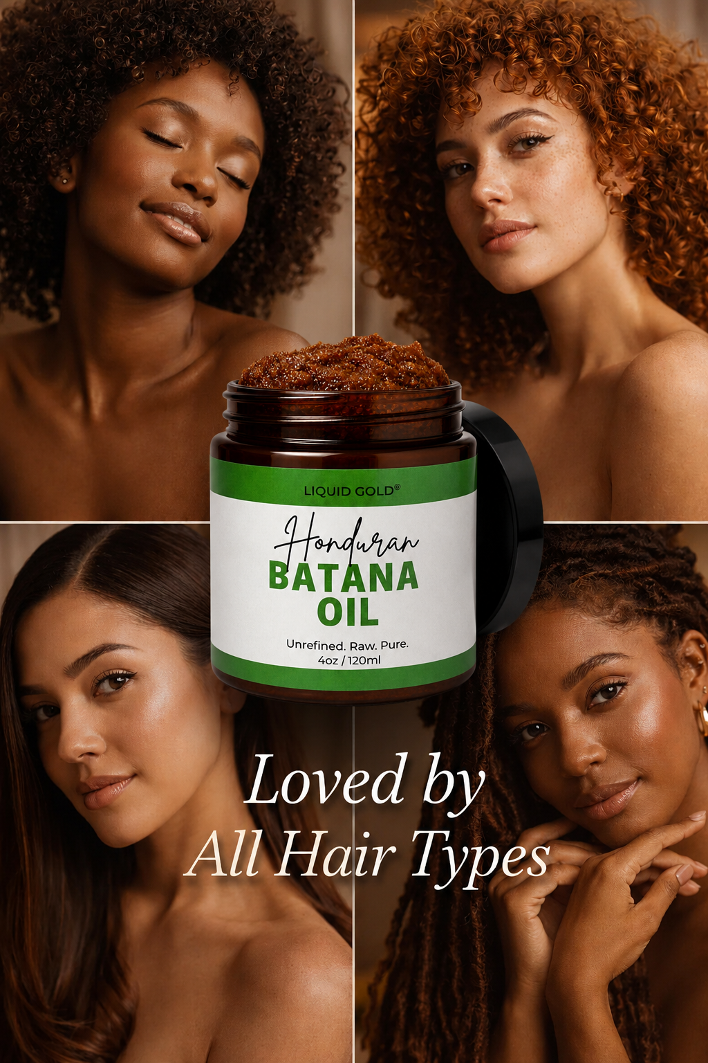 Jar of pure, authentic raw batana oil surrounded by four women with different hair textures, loved by all hair types.