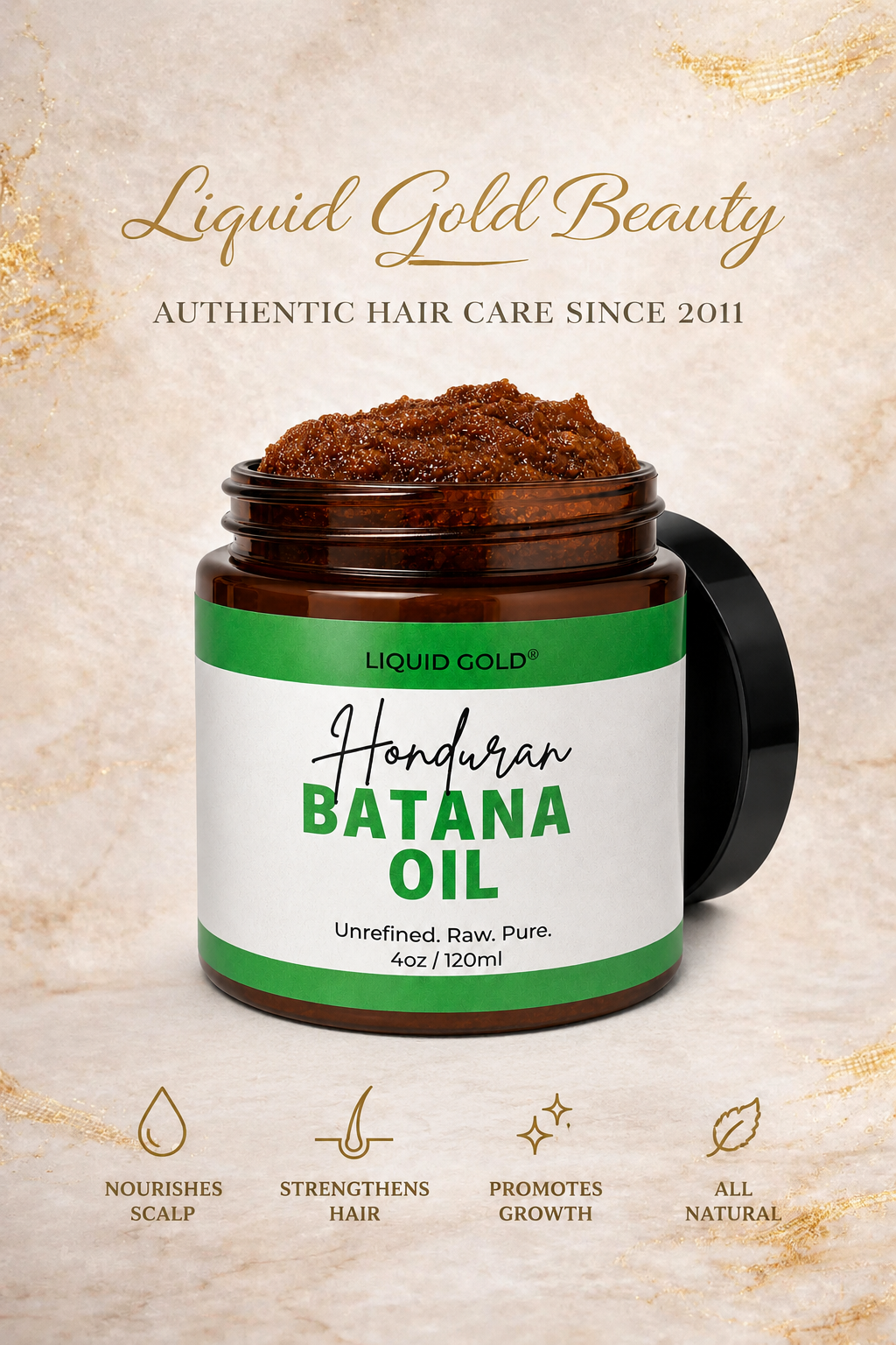 Open jar of authentic raw batana oil by Liquid Gold Beauty. Unrefined Honduran hair treatment to nourish scalp and promote growth.