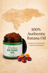 Open jar of Liquid Gold authentic raw batana oil and palm nuts. Ethically sourced from Honduras to repair dry, brittle hair.
