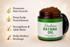 Liquid Gold Honduran raw batana oil showing benefits: hair growth, deep scalp nourishment, strengthens, adds shine, and reduces breakage.