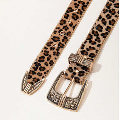 Cinturón retro americano con estampado de leopardo y diseño metálico grabado