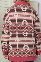 Retro Unique Geometric Print Corduroy Trim Button-Up Jacket Classic Modern Deep Rose Jacket