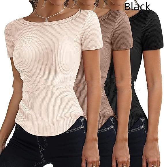 Camiseta de manga corta de punto acanalado y corte entallado para mujer