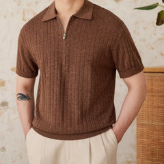 Camisa de manga corta de mezcla de lino, con solapa, cremallera y rayas hundidas