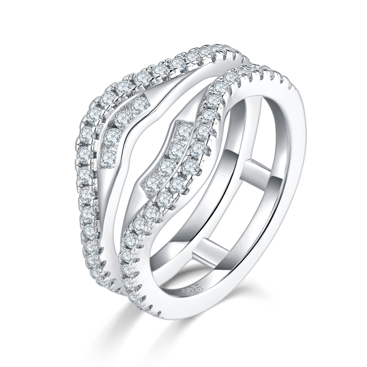 Anillo de doble banda de plata de ley S925, 54 moissanitas D-VVS1 en pavé, chapado en platino, 4.7g, tallas estadounidenses 5-9, caja de regalo con certificación GRA