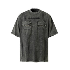 High Street Retro Workwear Zipper Pocket Decoration Washed Distressed Short Sleeve