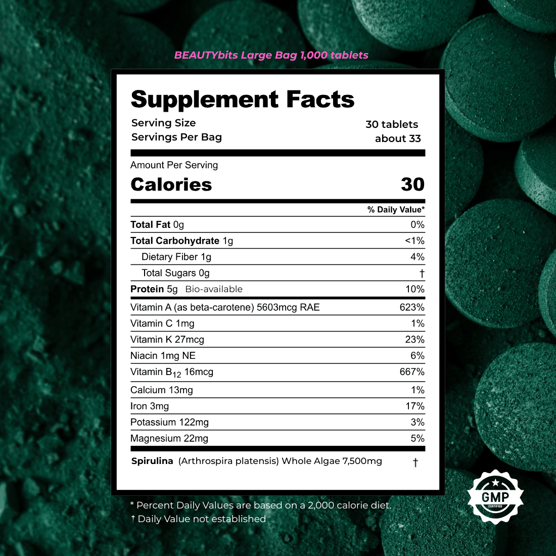 Front packaging display of BEAUTYbits Spirulina Tablets large bag