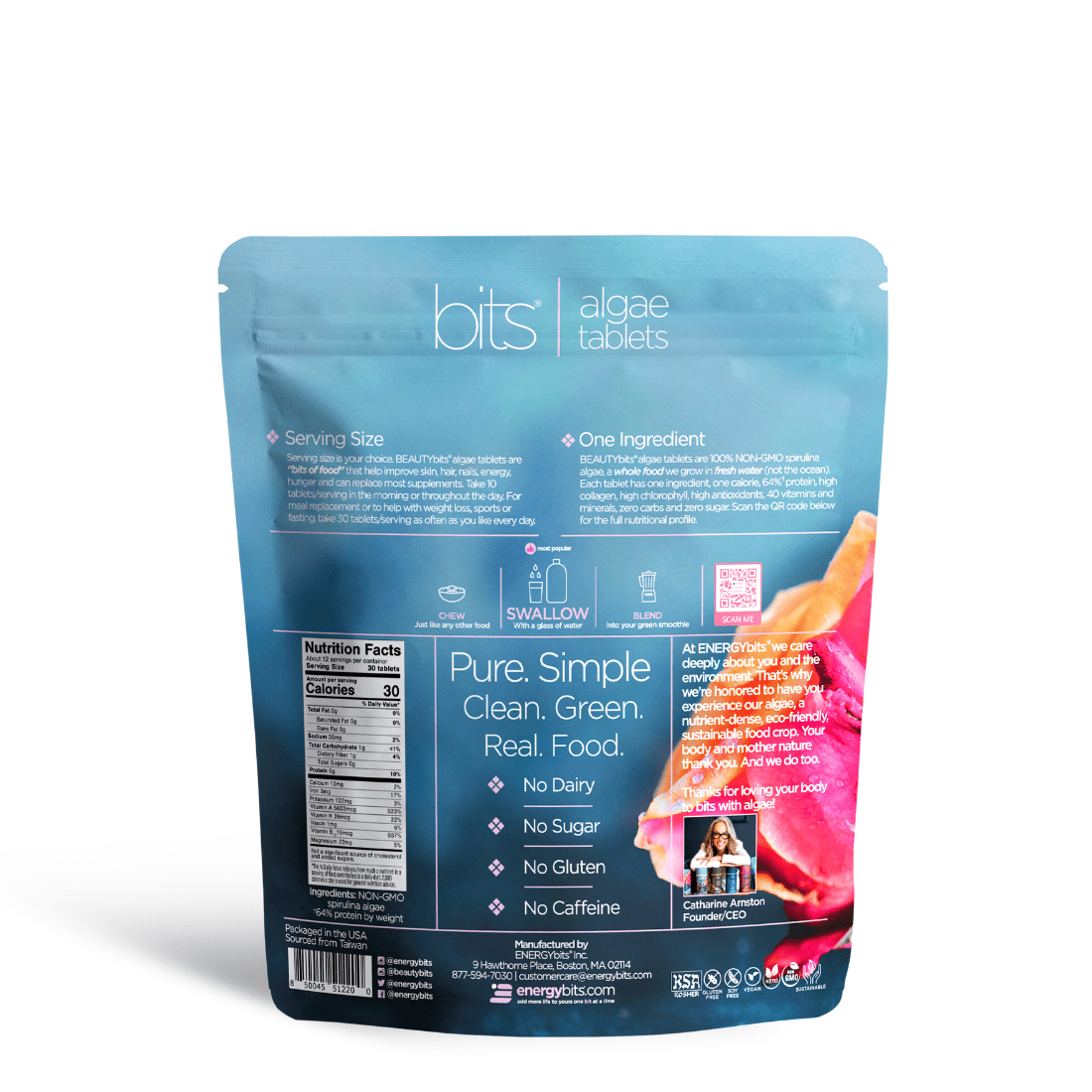 BEAUTYbits Spirulina Tablets supplement facts and nutrition label