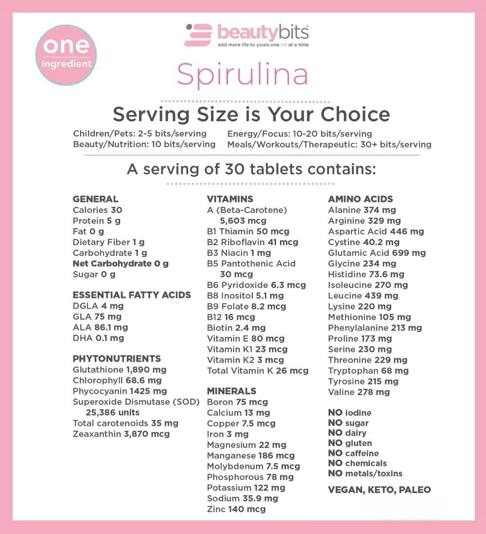 BEAUTYbits Spirulina Tablets bulk bag for radiant skin hair and nails