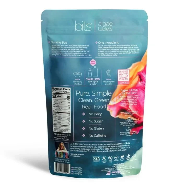 BEAUTYbits Spirulina Tablets supplement facts and nutrition label