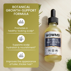 botanical hair growth serum displayed with benefits and application instructions on a wooden surface