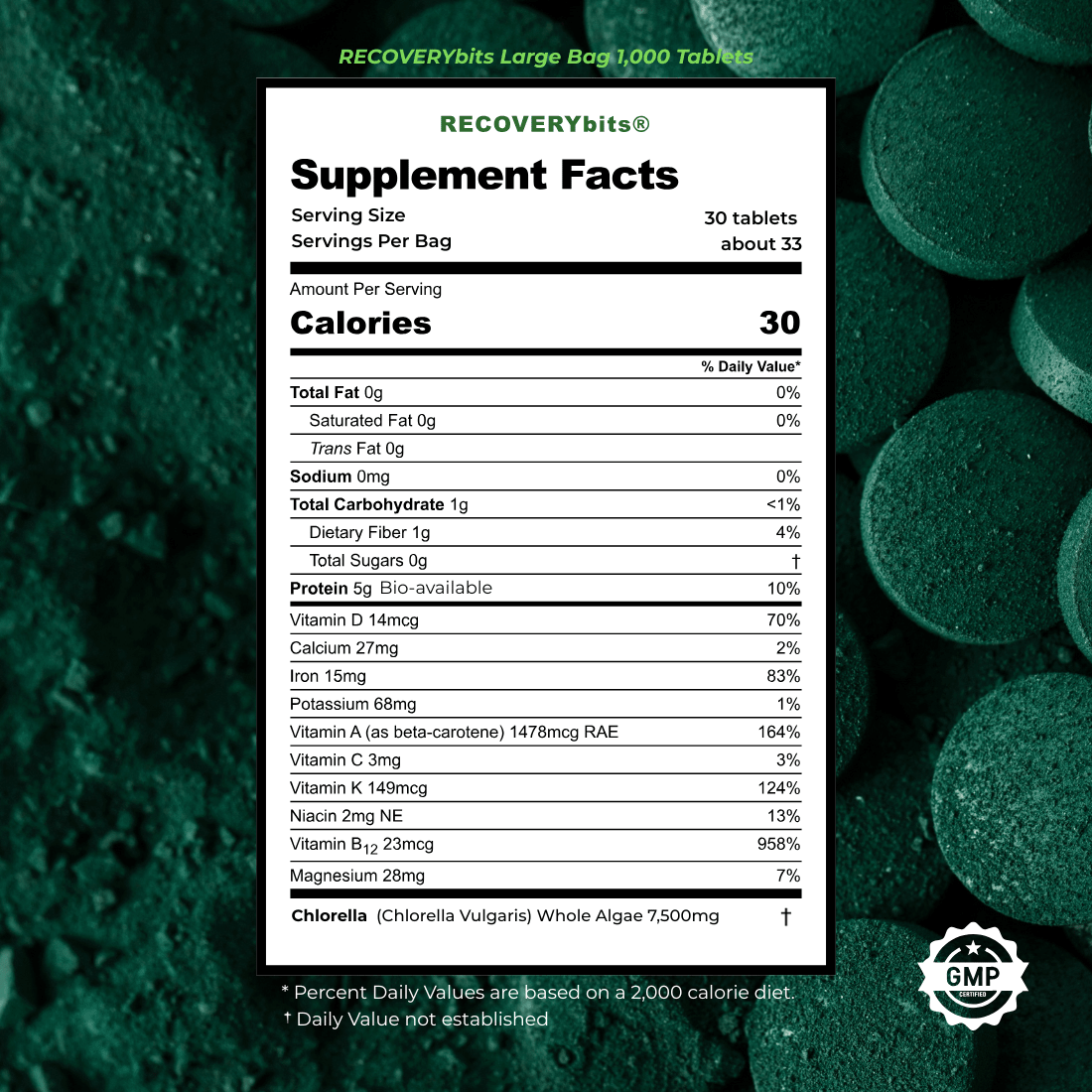 RECOVERYbits Chlorella Tablets large bag front package display
