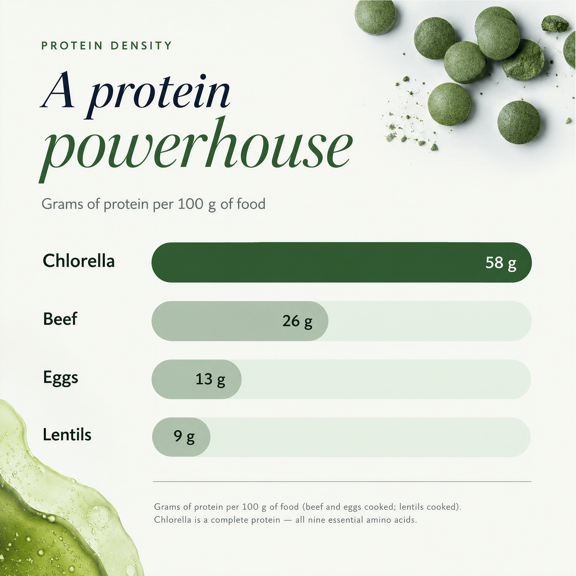 RECOVERYbits Chlorella Tablets wellness infographic and algae comparison chart