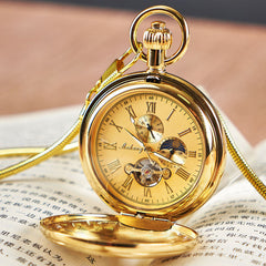 Dual-display Folding Cover Sun-moon-star Automatic Mechanical Pocket Watch