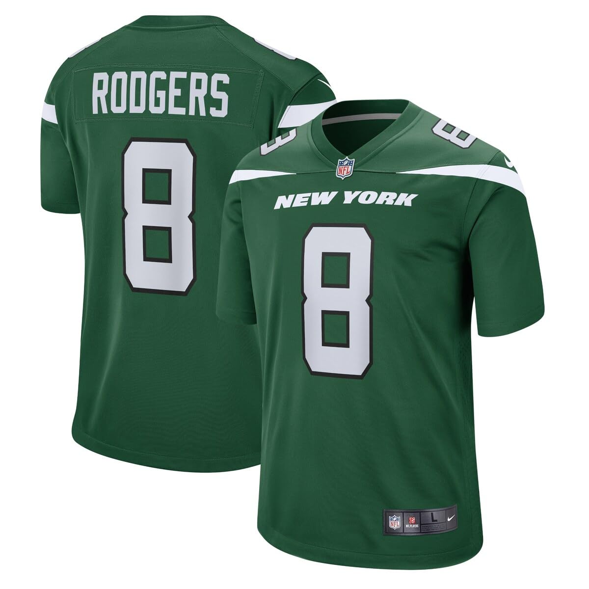Front and back of green size 18-20 youth Aaron Rodgers Jets jersey.