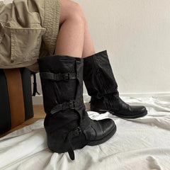 Womens Retro Leather-buckle Pleated Mid-calf Boots