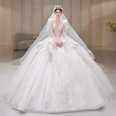 Robe de mariée à traîne, manches longues en fil principal, style rétro français sophistiqué