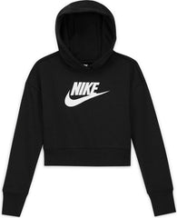 Nike Girls Sportswear Club Fleece Crop Hoodie (Little Kids/Big Kids) Black/White XL (18-20 Big Kid)