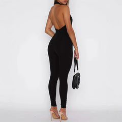 Pantalon-combinaison sexy ajusté pour femme, de couleur unie, dos nu et à encolure américaine