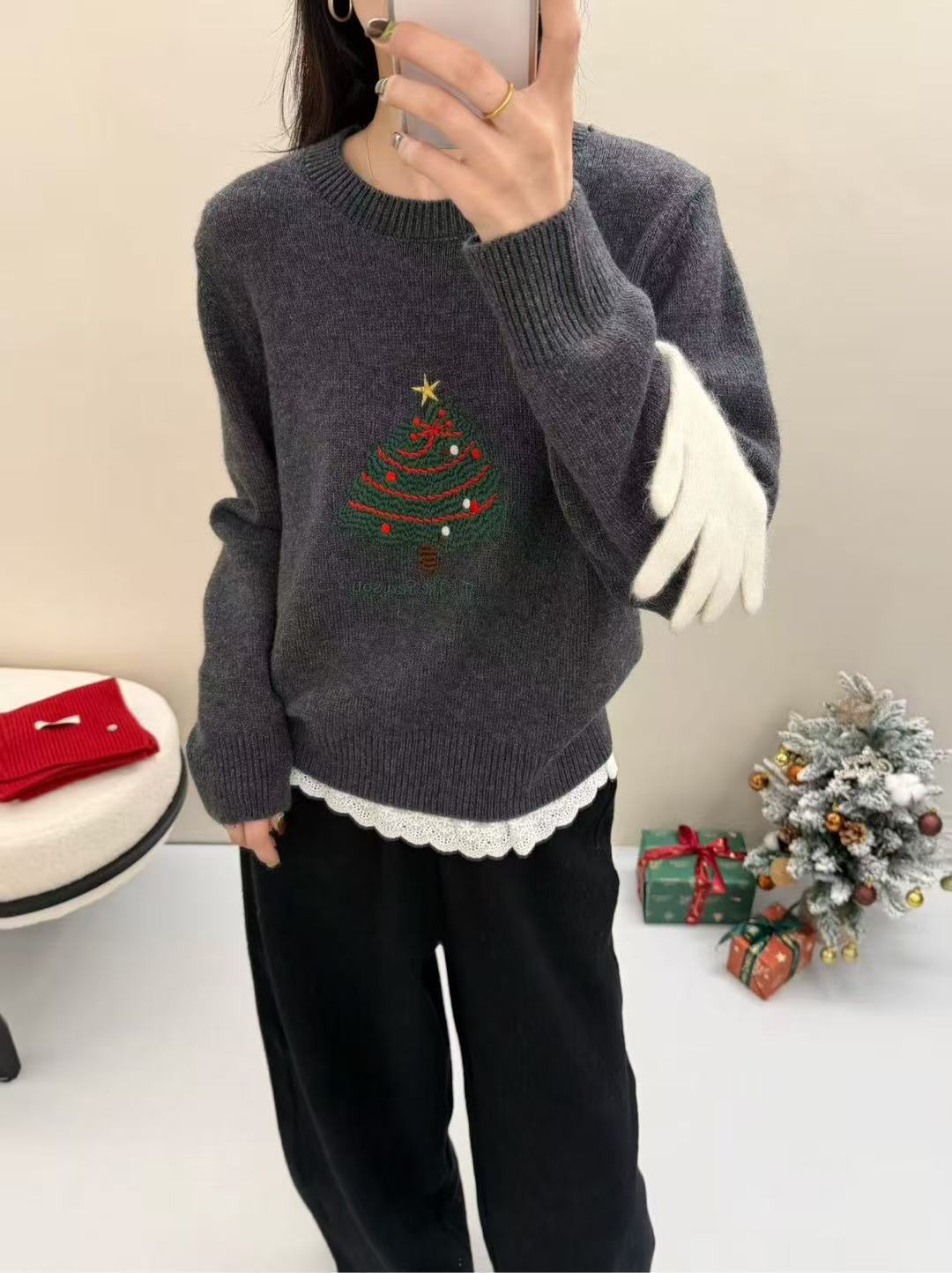 Pull thermique pour femme avec imprimé sapin de Noël et empiècements en dentelle, style preppy