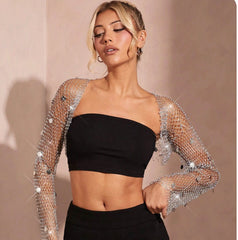 Top tipo cárdigan de rejilla con lentejuelas y adornos de diamantes