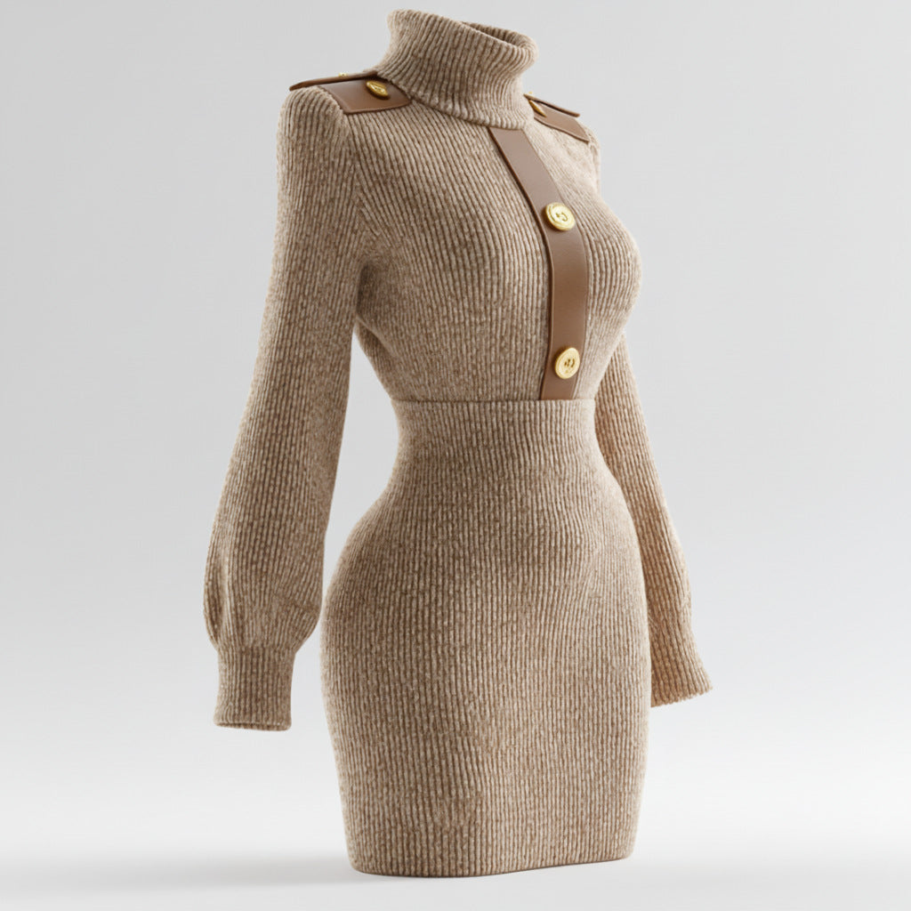 Robe en maille à manches longues et col roulé pour femme