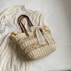 Womens Large-Capacity Stylish Woven Tote For Vacation