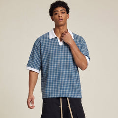 Chemise d’été pour homme, légère, à carreaux et empiècements de couleur, col à revers et manches courtes