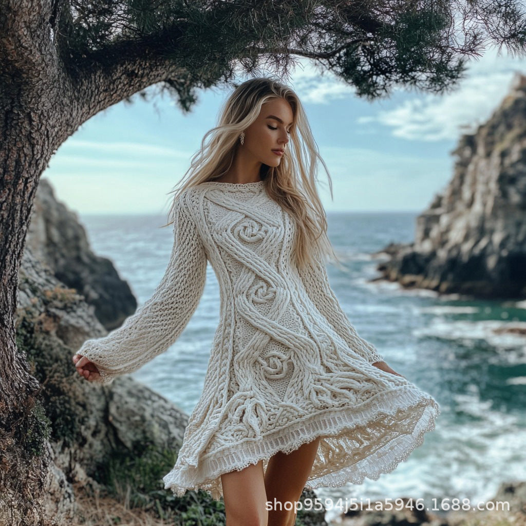 Robe pull rétro pour femme, en maille torsadée à manches longues