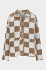 Elegant Checkered Snap Down Long Sleeve Teddy Jacket Soft & Warm Colorful Jacket