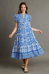 Blue Full Size Two-Tone Print Ruffle Cap Sleeve Midi Dress Plus Size Statement Piece Dress