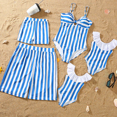 Maillot de bain parent-enfant à rayures bleues et blanches
