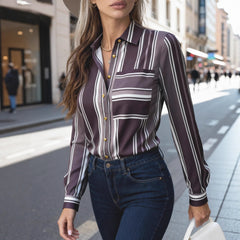 Blouse élégante et sophistiquée à manches longues, à rayures, empiècements et imprimé, pour le travail