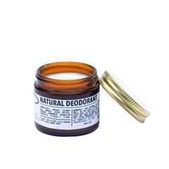 Natural deodorant for sensitive skin in amber jar, showcasing its creamy texture and gentle formula.